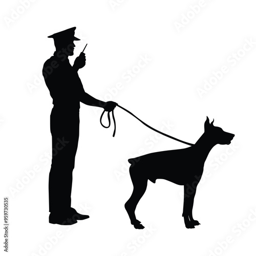 Silhouette of a security guard with a doberman or guard dog