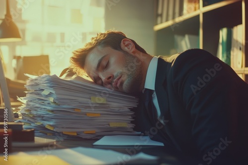 Business man in a suit nap on a stack of papers