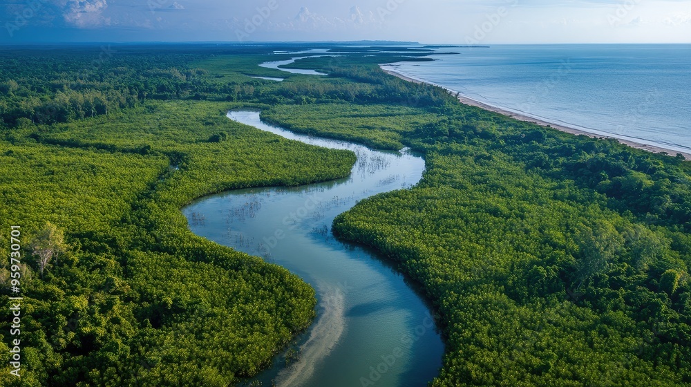 Top view of the expansive mangrove forests along the coast of Preah Sihanouk Province, with meandering rivers and rich biodiversity. Top view of the expansive mangrove forests along the coast of Preah Sihanouk Province, with meandering rivers and rich biodiversity.