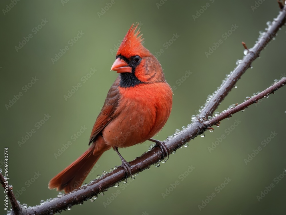 A male Northern Cardinal perches on a branch with water droplets, looking to the left with a green blurred background. A male Northern Cardinal perches on a branch with water droplets, looking to the left with a green blurred background.