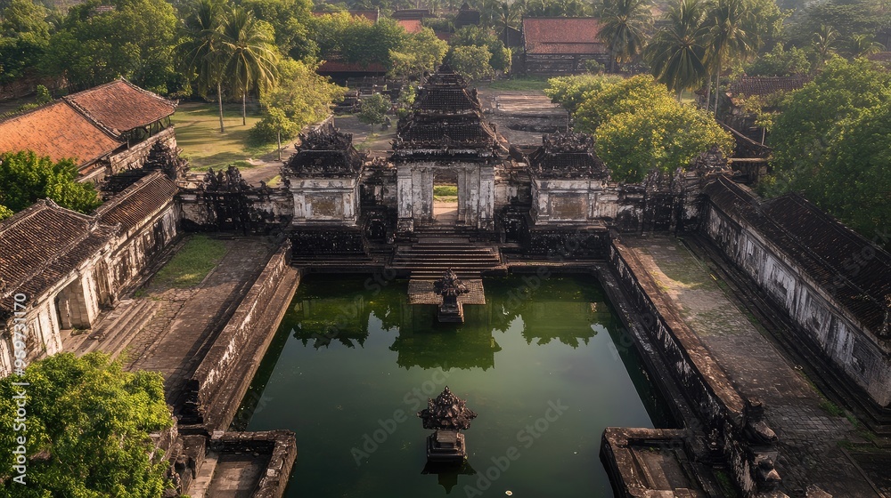 Top view of the historic Taman Sari Water Castle in Yogyakarta, with its ancient architecture and reflective pools. Top view of the historic Taman Sari Water Castle in Yogyakarta, with its ancient architecture and reflective pools.