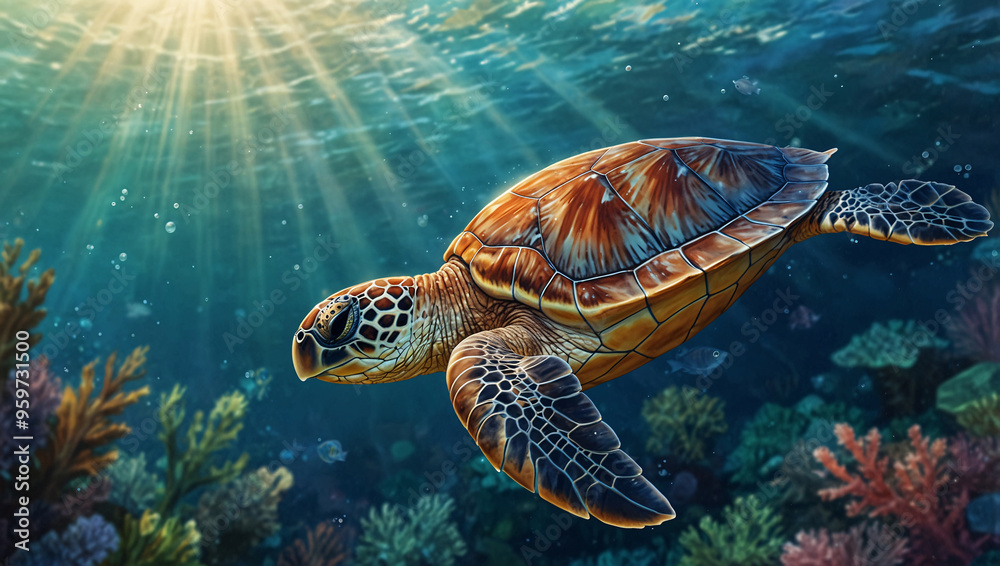 Fototapeta premium A close-up of a gentle sea turtle with a beautifully patterned shell, gliding through a soft, dreamy underwater world, its graceful movements 