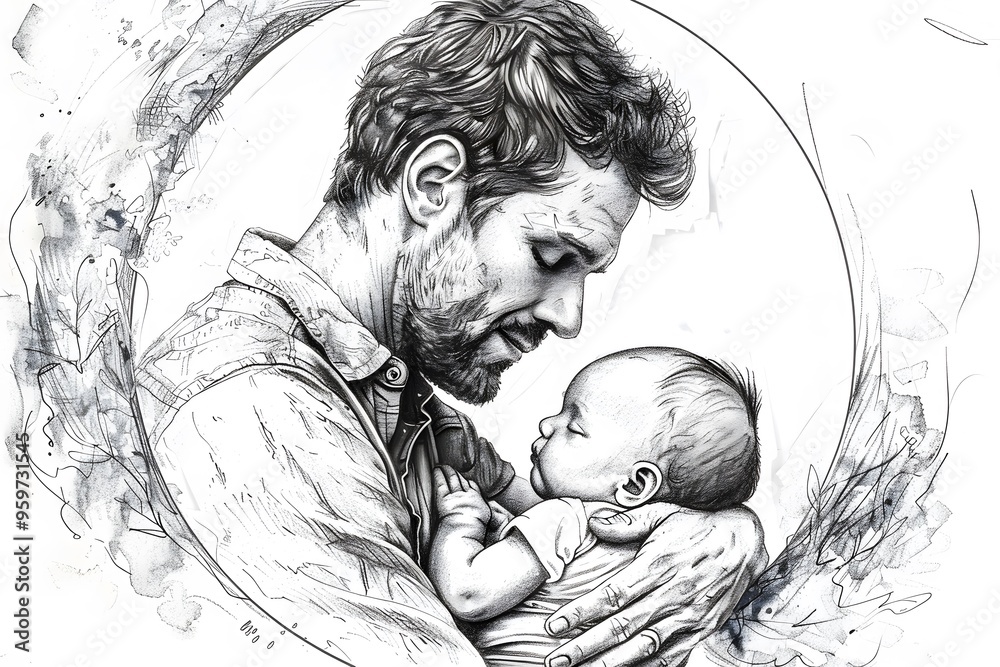 A Tender Moment: Father Embracing His Baby in a Beautiful Sketch A Tender Moment: Father Embracing His Baby in a Beautiful Sketch