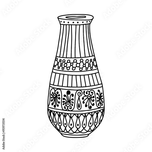 Greek  vase. Coloring page. Doodle poster. Stock vector illustration.