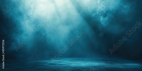 empty  dark teal room background texture with smoke and spotlight, 