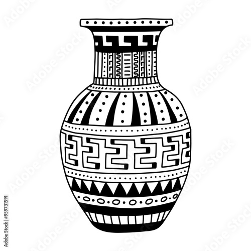Greek  vase. Coloring page. Doodle poster. Stock vector illustration.