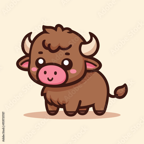 Cute cartoon buffalo flat style vector illustration