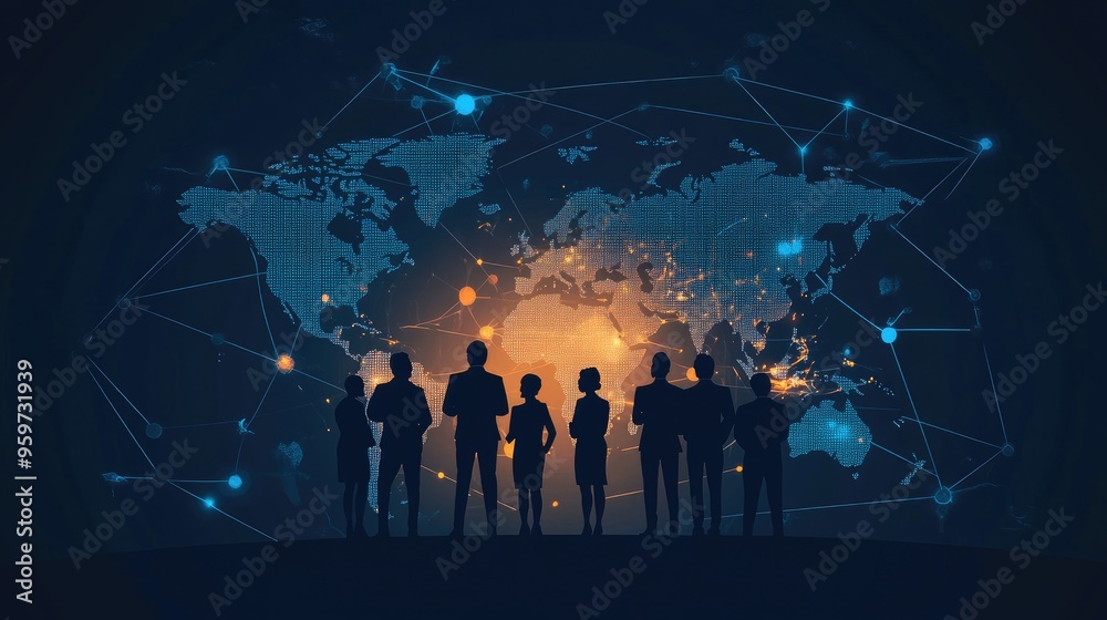 Obraz premium Silhouettes of business people stand before a digital world map with a network of connections.