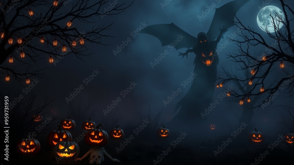 Spooky Halloween scene with a jack-o-lantern and a creature in the forest Spooky Halloween scene with a jack-o-lantern and a creature in the forest