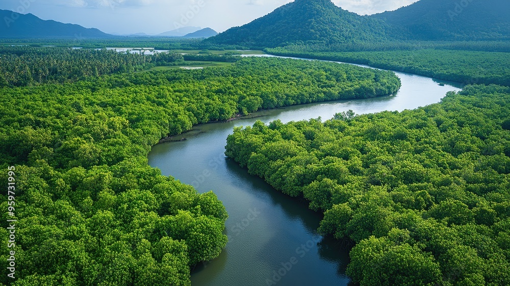 Fototapeta premium Top view of the lush mangrove ecosystem in Koh Chang, with narrow waterways weaving through the dense green forest.