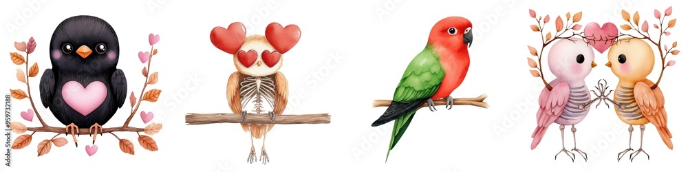 A charming collection of four cute birds, featuring vibrant colors and heart-themed designs, perfect for love and nature enthusiasts. A charming collection of four cute birds, featuring vibrant colors and heart-themed designs, perfect for love and nature enthusiasts.