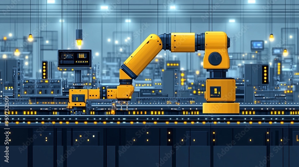 Futuristic Factory: A mesmerizing pixel art illustration depicting a robotic arm diligently working on an assembly line in a futuristic factory. The image exudes a sense of automation, efficiency, and Futuristic Factory: A mesmerizing pixel art illustration depicting a robotic arm diligently working on an assembly line in a futuristic factory. The image exudes a sense of automation, efficiency, and
