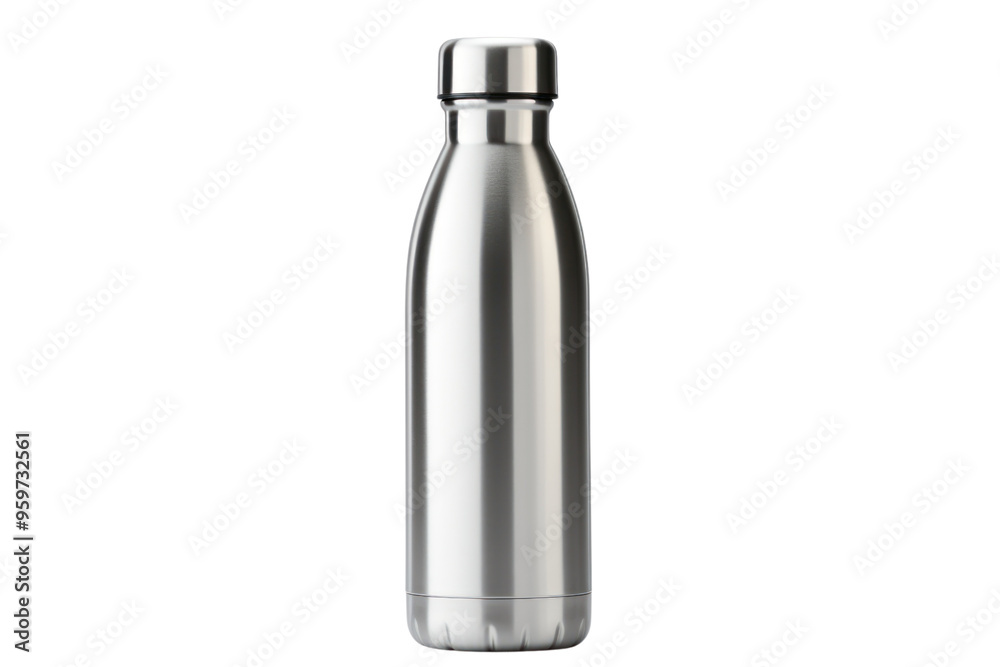 A stainless steel water bottle with a sleek, minimalist design, isolated on a white background. A stainless steel water bottle with a sleek, minimalist design, isolated on a white background.