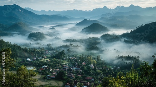 Top view of the mist-covered mountains surrounding the sleepy town of Phongsali, high in northern Laos. photo