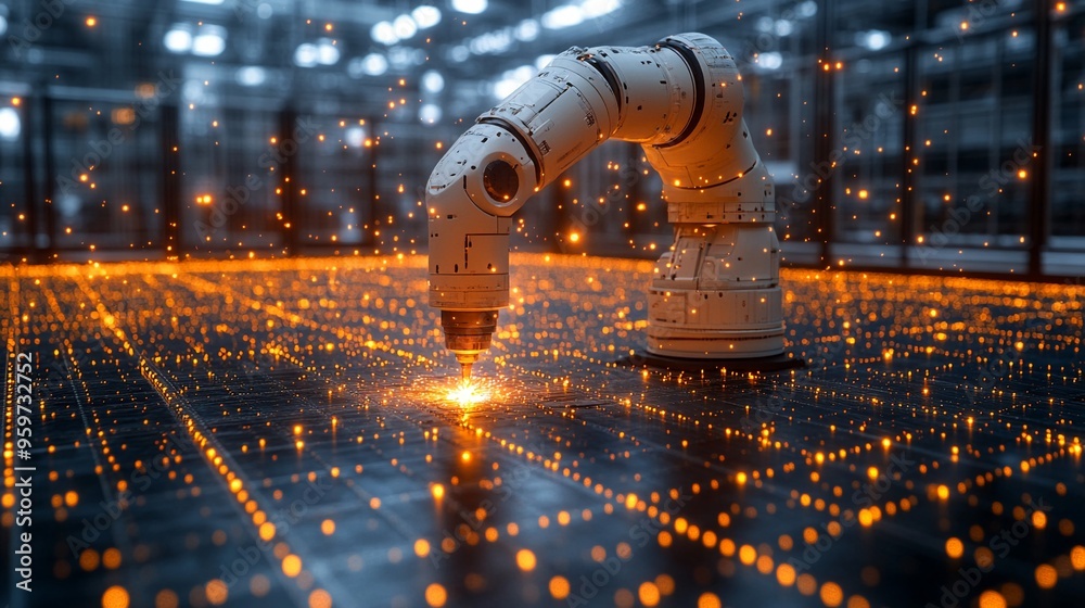 Robotic Precision in a Digital Foundry: A lone robotic arm executes its task amidst a network of glowing data points, symbolizing the future of manufacturing and automation. Robotic Precision in a Digital Foundry: A lone robotic arm executes its task amidst a network of glowing data points, symbolizing the future of manufacturing and automation.