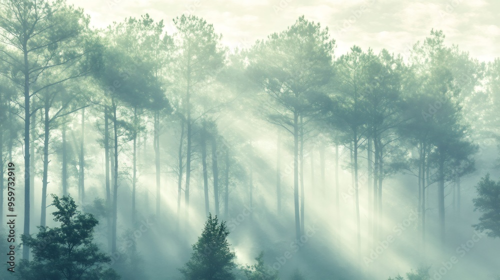Fototapeta premium Sunlight beams through a misty forest, illuminating the tall tree trunks and creating a soft, ethereal atmosphere.