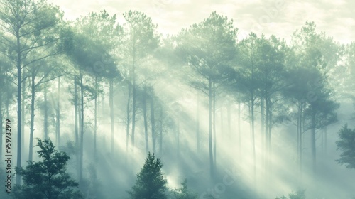 Sunlight beams through a misty forest, illuminating the tall tree trunks and creating a soft, ethereal atmosphere.