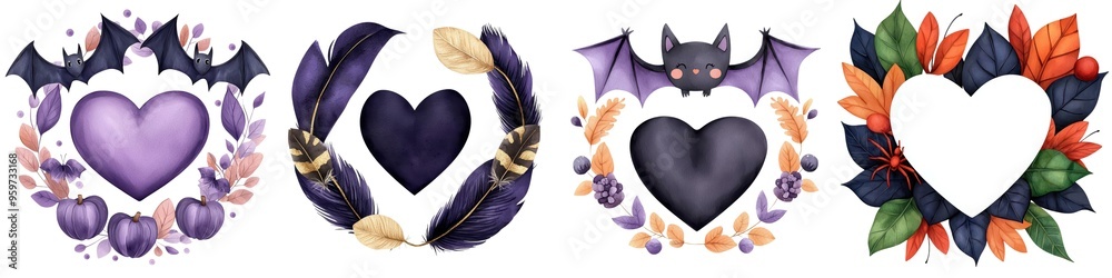 Obraz premium A collection of whimsical heart-themed illustrations with bat, floral, and seasonal elements, perfect for Halloween or romantic designs.