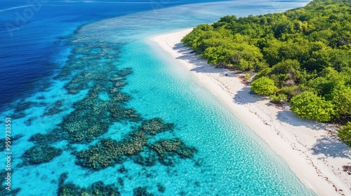 Top view of the pristine white beaches and coral gardens of Wakatobi National Park, with clear azure waters.