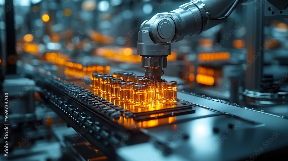 Automated Precision: A robotic arm illuminated in a warm glow, meticulously handling vials in a high-tech manufacturing facility. Automated Precision: A robotic arm illuminated in a warm glow, meticulously handling vials in a high-tech manufacturing facility.