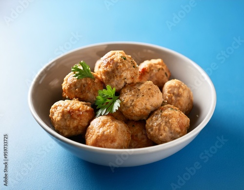 chicken meatballs in bowl on blue background