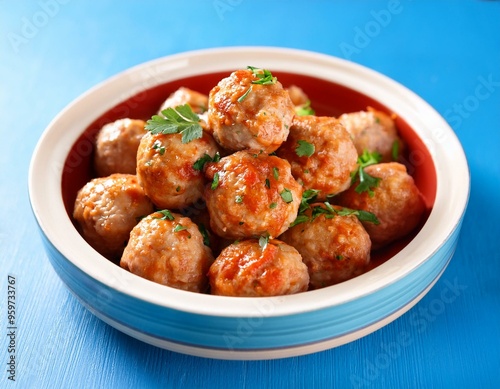 chicken meatballs in bowl on blue background