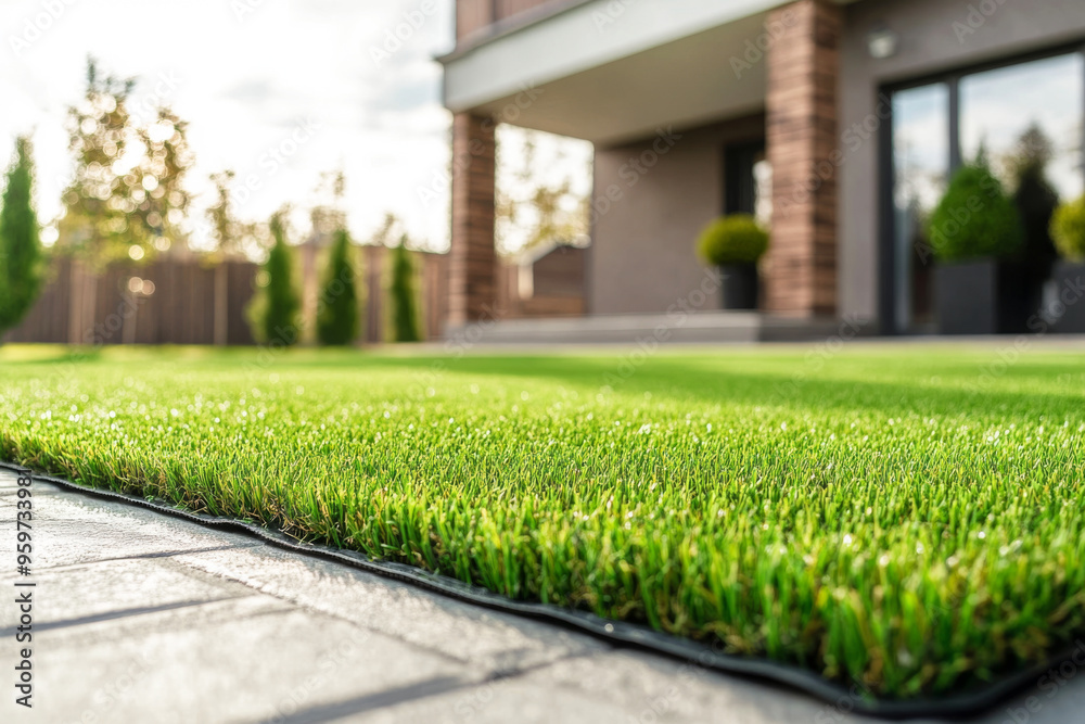 Modern landscape design with artificial grass on lawn in backyard in front of suburban house. Texture of neatly cut green grass on manicured lawn Modern landscape design with artificial grass on lawn in backyard in front of suburban house. Texture of neatly cut green grass on manicured lawn