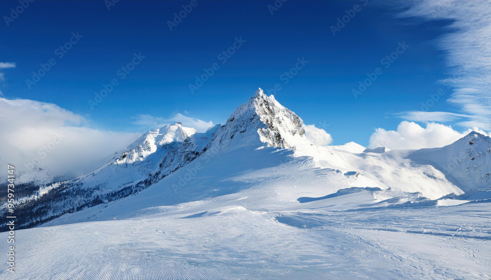 Wide angle view landscape of white snowy peak in mountain range with clear blue sky. Nature concept for lifestyle product background Wide angle view landscape of white snowy peak in mountain range with clear blue sky. Nature concept for lifestyle product background