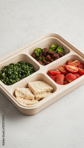 A healthy meal prep box featuring fresh greens, tomatoes, and pita bread in a biodegradable container, perfect for balanced eating.