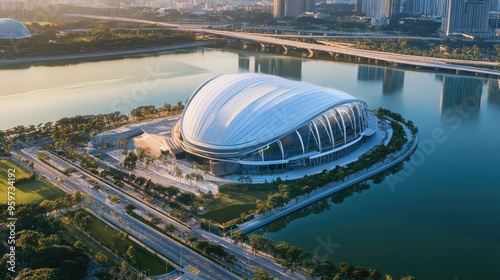 Top view of the Singapore Sports Hub, showcasing its futuristic dome and surrounding facilities near Kallang River. photo