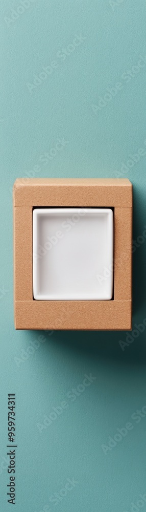 Fototapeta premium A minimalist square dish presented in a cardboard box, set against a soft turquoise background.