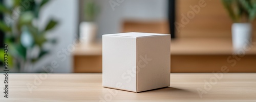 A minimalist white cube stands on a wooden table, showcasing simplicity and modern design in a bright interior setting.