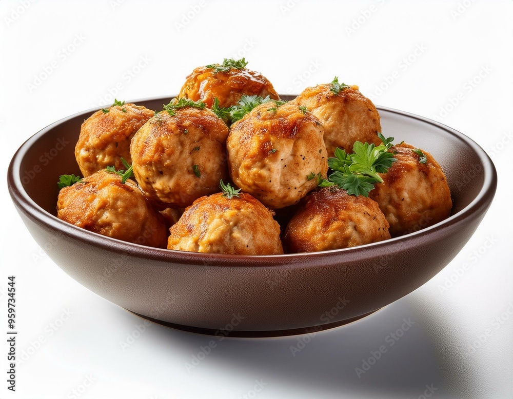 chicken meatballs in bowl on white background