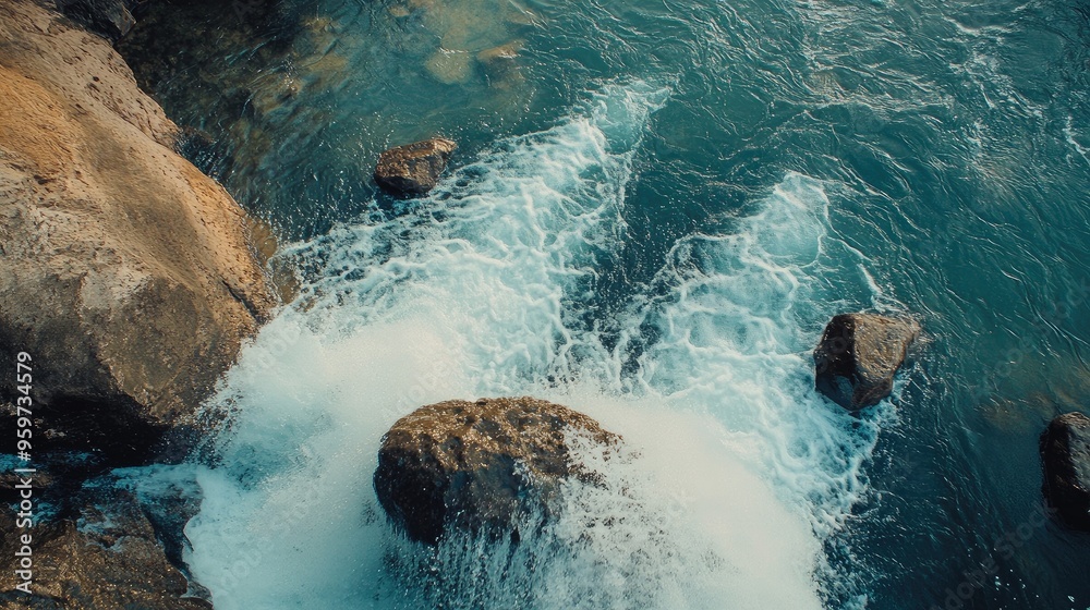 Obraz premium Top view of the stunning Kulen Mountain Waterfall, with cascading waters flowing over large rocks into a crystal-clear pool.