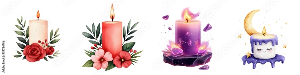 Colorful candle designs featuring flowers and enchanting details, perfect for warmth and ambiance in home decor. Colorful candle designs featuring flowers and enchanting details, perfect for warmth and ambiance in home decor.