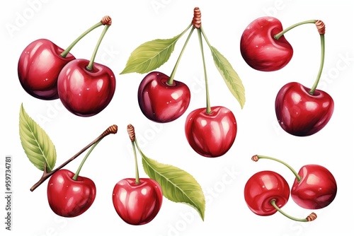 Set of watercolor cherry isolated on white background. 