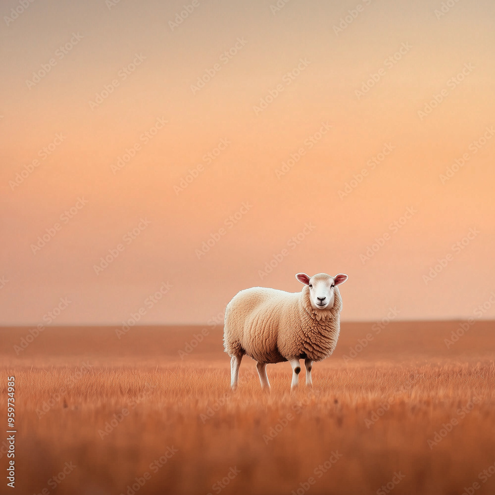 A pure white lamb stands alone, casting a long shadow. The serene landscape conveys innocence and vulnerability. Christian and Islamic references evoke spirituality and tension. A pure white lamb stands alone, casting a long shadow. The serene landscape conveys innocence and vulnerability. Christian and Islamic references evoke spirituality and tension.