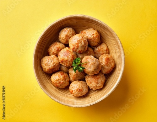 chicken meatballs in bowl on yellow background