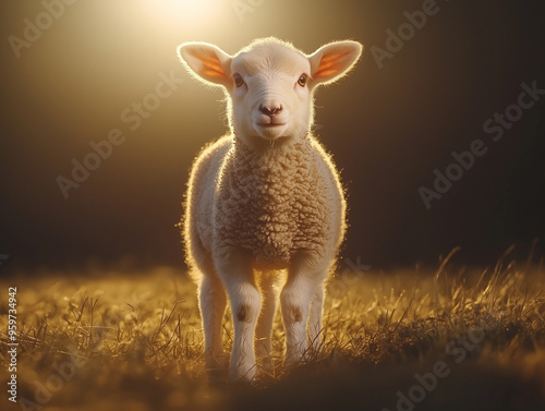 A pure white lamb stands al...