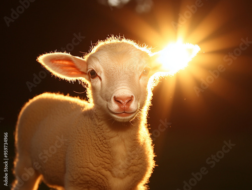A pure white lamb stands al...