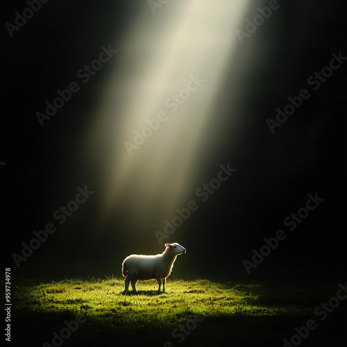 A pure white lamb stands al...