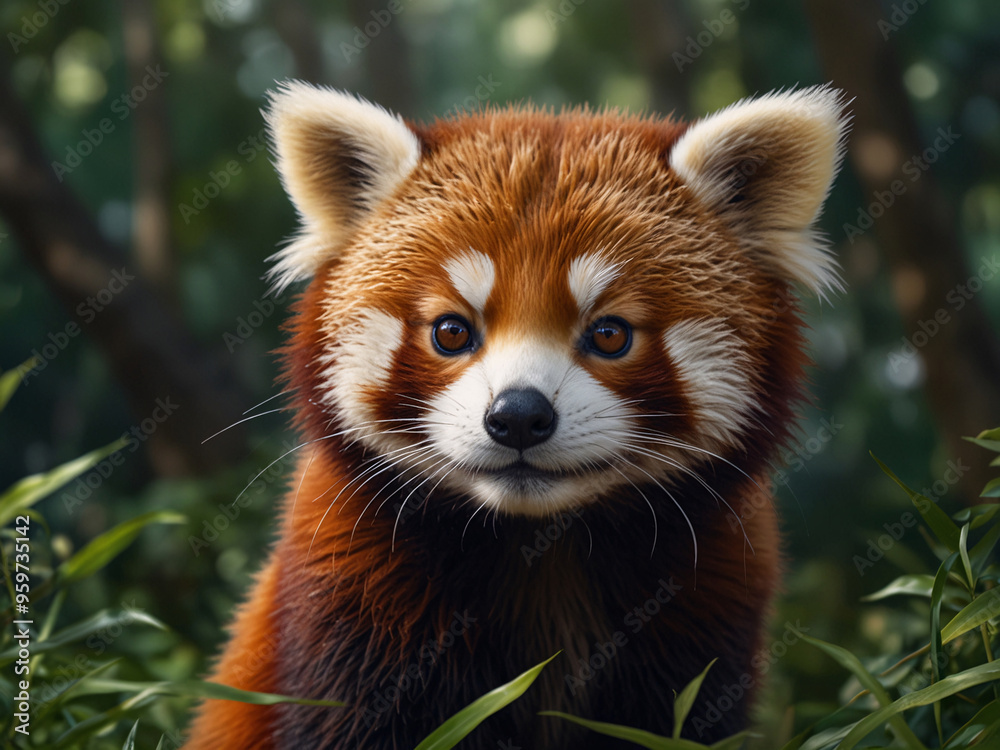 Naklejka premium A close-up of an adorable red panda with soft, fluffy fur, its round eyes and gentle expression captured in intricate detail