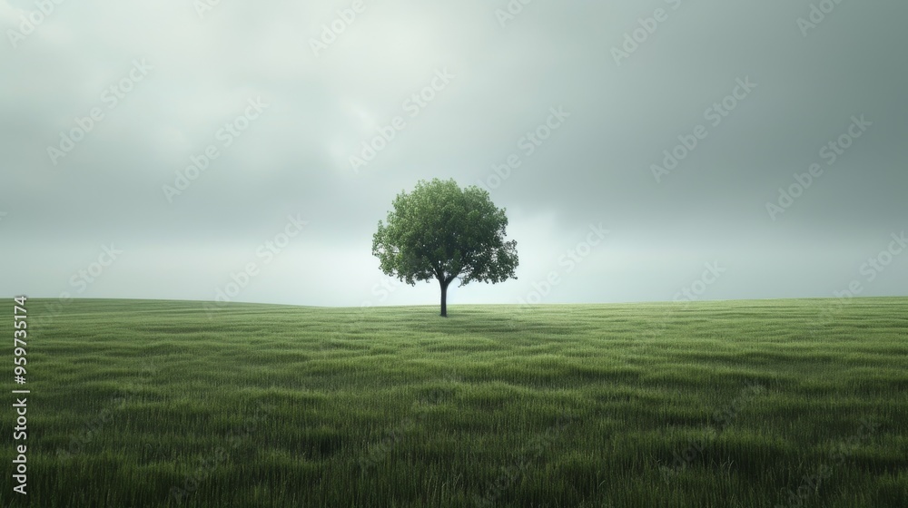 A solitary tree stands tall in the middle of a sprawling green field, under a moody, overcast sky. The scene evokes a sense of solitude and tranquility, perfect for themes of nature, isolation, and A solitary tree stands tall in the middle of a sprawling green field, under a moody, overcast sky. The scene evokes a sense of solitude and tranquility, perfect for themes of nature, isolation, and