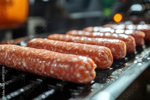 Close-up of Raw Sausages on a Black Metal Grilling Tray