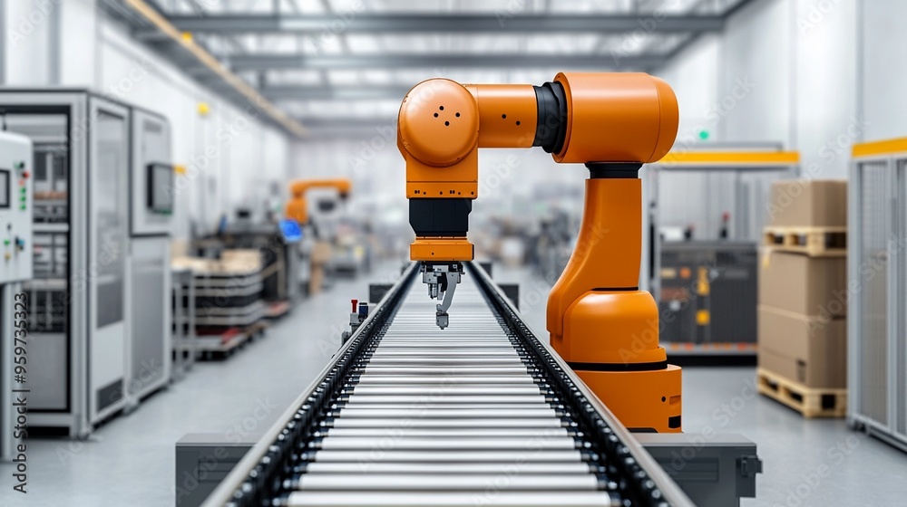 Industrial Automation: An orange robotic arm works diligently on a conveyor belt in a modern industrial factory, showcasing the power and precision of automated manufacturing.  