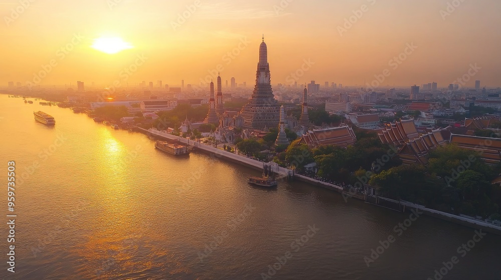 Fototapeta premium Top view of the Wat Arun temple on the banks of the Chao Phraya River, bathed in the golden light of dawn.