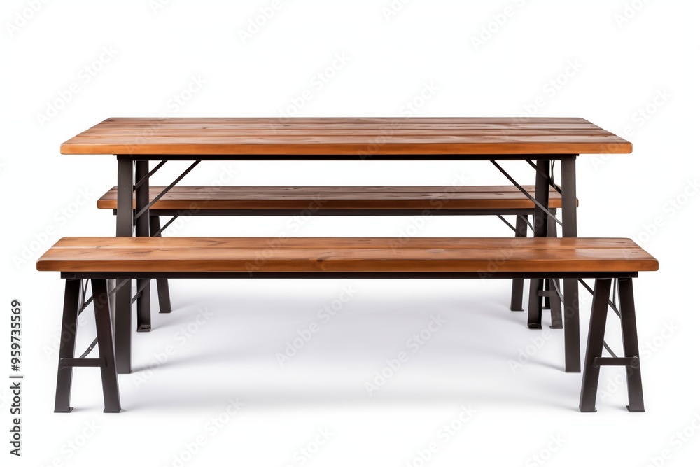 Standard table with benches on either side of the table isolated on white background. This has clipping path. with copy space image. Place for adding text or design Standard table with benches on either side of the table isolated on white background. This has clipping path. with copy space image. Place for adding text or design
