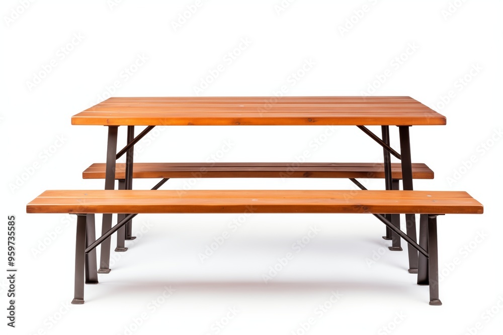 Standard table with benches on either side of the table isolated on white background. This has clipping path. with copy space image. Place for adding text or design Standard table with benches on either side of the table isolated on white background. This has clipping path. with copy space image. Place for adding text or design