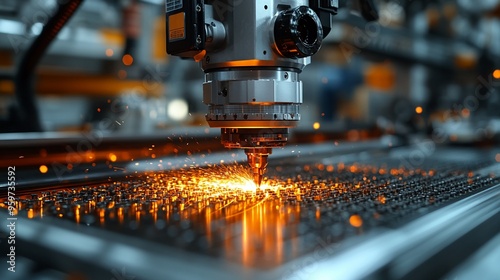 Industrial Laser Cutting: Precision and Power: A close-up view of a laser cutting machine in action, sparks flying as it precisely cuts through metal. The image evokes themes of innovation, technology