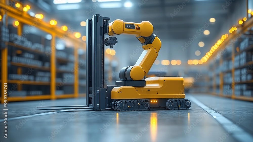 Automated Warehouse Efficiency: A yellow robotic forklift operates autonomously in a modern warehouse, showcasing the latest in automation technology and its potential to revolutionize logistics and s Automated Warehouse Efficiency: A yellow robotic forklift operates autonomously in a modern warehouse, showcasing the latest in automation technology and its potential to revolutionize logistics and s